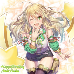 Rule 34 | 1girl, ahoge, bare shoulders, black shorts, black thighhighs, blonde hair, breasts, character name, commentary request, green eyes, happy birthday, hoshii miki, idolmaster, idolmaster (classic), idolmaster million live!, large breasts, long hair, looking at viewer, nanaran, one eye closed, open mouth, purple thighhighs, shirt, short shorts, shorts, smile, solo, teeth, thighhighs, upper teeth only, white shirt
