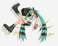Rule 34 | 1girl, audio jack, bad id, bad pixiv id, bare shoulders, boombox, cable, david semsei, gloves, hatsune miku, inline skates, jet set radio, necktie, pin, roller skates, shorts, skates, solo, speaker, spray can, twintails, vocaloid