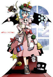 Rule 34 | 1girl, = =, bell, blue hair, boned meat, candy, candy cane, christmas, crown, fang, female focus, food, hand on own hip, hip focus, jingle bell, kannazuki hato, meat, merry christmas, remilia scarlet, scepter, simple background, skull, solo, touhou, wings