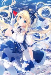 Rule 34 | 1girl, animal bag, bag, blonde hair, blue bow, blue dress, blue eyes, blue ribbon, bow, buttons, cloud, cloudy sky, detached collar, dress, floating hair, gloves, hair ribbon, heart, heart button, highres, index finger raised, light blush, long hair, looking at viewer, low twintails, mochizuki shiina, original, petals, petticoat, puffy short sleeves, puffy sleeves, rabbit bag, ribbon, ribbon-trimmed gloves, ribbon trim, short sleeves, skirt, sky, solo, striped ribbon, suspender skirt, suspenders, twintails, very long hair, waitress, white gloves, white ribbon, winged heart