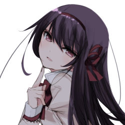 Rule 34 | 1girl, absurdres, akemi homura, bad id, bad pixiv id, bow, drill hair, fingernails, hair bow, hairband, hand on own chin, hand up, highres, long hair, looking at viewer, mahou shoujo madoka magica, mahou shoujo madoka magica: hangyaku no monogatari, misteor, multicolored shirt, pointing finger, purple eyes, purple hair, red bow, red hairband, school uniform, simple background, sketch, solo, stroking own chin, white background