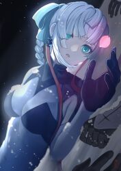 Rule 34 | 1girl, aqua eyes, bodysuit, bow, braid, breasts, cherry blossoms, earrings, fate/grand order, fate/samurai remnant, fate (series), grey hair, hair bow, highres, jewelry, long hair, lying, medium breasts, on back, parted lips, petals, skin tight, snow, solo focus, ushijiya, yui shousetsu (fate), yui shousetsu (first ascension) (fate)
