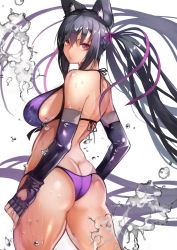 Rule 34 | 1girl, absurdly long hair, animal ear fluff, animal ears, annie (destiny child), ass, bad id, bad pixiv id, bare shoulders, bikini, black hair, breasts, butt crack, clothing cutout, cowboy shot, destiny child, duplicate, elbow gloves, fingerless gloves, from behind, gloves, hair ribbon, hands on own hips, heart cutout, highres, large breasts, long hair, looking at viewer, looking back, multicolored hair, purple bikini, purple eyes, purple gloves, purple hair, purple ribbon, ribbon, sidelocks, simple background, solo, swimsuit, very long hair, water drop, wet, white background, yoshio (55level)