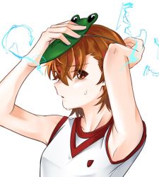 Rule 34 | 1girl, 304back s, adjusting mask, armpits, bare shoulders, brown eyes, brown hair, commentary request, electricity, electrokinesis, from side, gym uniform, hair between eyes, hands up, korean commentary, looking to the side, mask, misaka mikoto, parted lips, shirt, short hair, simple background, sleeveless, solo, sweat, toaru kagaku no railgun, toaru majutsu no index, unworn mask, v-shaped eyebrows, white background, white shirt