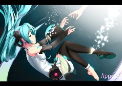 Rule 34 | 1girl, aqua eyes, aqua hair, barefoot, detached sleeves, feet, hatsune miku, hatsune miku (append), highres, letterboxed, necktie, outstretched arms, outstretched hand, reaching, single shoe, solo, thighhighs, twintails, utamaru (konomix), vocaloid, vocaloid append
