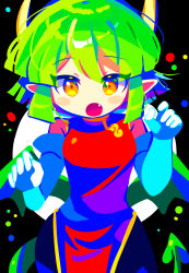 Rule 34 | 1girl, absurdres, black pants, blush, breasts, brown eyes, china dress, chinese clothes, draco centauros, dragon girl, dragon horns, dragon tail, dragon wings, dress, elbow gloves, fang, gloves, green hair, highres, horns, looking at viewer, medium breasts, offbeat, open mouth, pants, pointy ears, puyopuyo, red dress, solo, tail, white gloves, wings