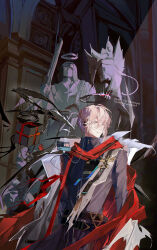 Rule 34 | 1boy, :|, absurdres, arknights, arms at sides, belt, black halo, black jacket, blue eyes, cape, cathedral, closed mouth, collared jacket, cowboy shot, earpiece, executor (arknights), executor the ex foedere (arknights), expressionless, grey hair, hair between eyes, halo, highres, ikag, indoors, jacket, light rays, long sleeves, looking to the side, male focus, red cape, red scarf, scarf, short hair, sidelocks, solo, statue, watermark