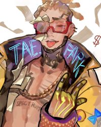 Rule 34 | 1boy, absurdres, apex legends, bad id, bad pixiv id, bare pectorals, blonde hair, brown eyes, chain, chest tattoo, cornrows, crypto (apex legends), ear piercing, fashion, gold chain, highres, hype beast crypto, jacket, kawaniwa, looking at viewer, m/, male focus, money, official alternate costume, open clothes, open jacket, pectorals, piercing, solo, sunglasses, tattoo, tongue, tongue out, undercut, yellow jacket