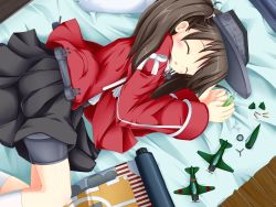 Rule 34 | 10s, 1girl, a6m zero, aircraft, aircraft carrier, airplane, bed, brown hair, closed eyes, kantai collection, long hair, military, military vehicle, model, personification, pillow, propeller, ribbon, ryuujou (kancolle), sabune bon, screwdriver, ship, shorts under skirt, skirt, sleeping, solo, twintails, warship, watercraft