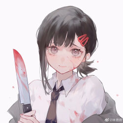 Rule 34 | 1girl, absurdres, black hair, black necktie, blood, blood on clothes, blood on face, bloody knife, blush, brown eyes, chainsaw man, closed mouth, commentary, hair ornament, hairclip, higashiyama kobeni, highres, holding, holding knife, knife, looking at viewer, misononeko, mole, mole under eye, necktie, ponytail, shirt, short hair, single sidelock, weibo logo, weibo watermark, white shirt