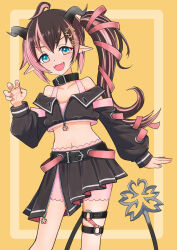 Rule 34 | 1girl, ahoge, belt, belt collar, black belt, black jacket, black skirt, black sleeves, bloomers, blue eyes, blush, bra, brown hair, claw pose, collar, commentary request, cropped jacket, demon girl, demon horns, demon tail, detached sleeves, earrings, fangs, feet out of frame, fingernails, flat chest, flower, grey horns, hair flower, hair ornament, hair ribbon, highres, horns, jacket, jewelry, k waremono, long hair, long sleeves, looking at viewer, medium bangs, midriff, multicolored hair, nanashi inc., navel, o-ring, o-ring thigh strap, off shoulder, oinomori may, oinomori may (1st costume), one side up, open clothes, open jacket, open mouth, pink bloomers, pink bra, pink hair, pink nails, pink ribbon, pleated skirt, pointy ears, ribbon, single earring, skirt, sleeveless, sleeveless jacket, smile, solo, standing, tail, thigh strap, two-tone hair, underwear, virtual youtuber, yellow background, zipper