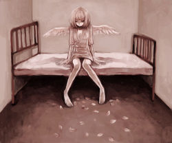 Rule 34 | 1boy, 1girl, androgynous, angel wings, bed, clona, closed eyes, commentary request, cotori (clona), feathered wings, knees together feet apart, male focus, monochrome, on bed, original, petals, room, sepia, sitting, solo, white wings, wings