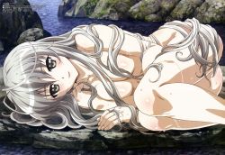 Rule 34 | 1girl, absurdres, breasts, cleavage, completely nude, highres, kasugano sora, legs, long hair, lying, megami magazine, murayama kousuke, non-web source, nude, official art, on side, silver hair, solo, thighs, very long hair, water, wet, yosuga no sora