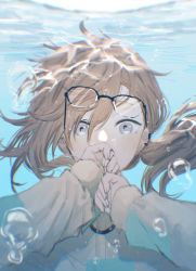 Rule 34 | 1boy, androgynous, bad id, bad pixiv id, brown hair, brown sweater, bubble, caustics, chromatic aberration, commentary, earclip, glasses, grey eyes, hair between eyes, hand to own mouth, hands up, highres, kanae (nijisanji), long bangs, long sleeves, looking at viewer, male focus, medium hair, mole, mole under eye, nagikiho, nijisanji, portrait, solo, straight-on, sweater, underwater, virtual youtuber