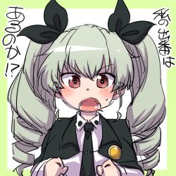 Rule 34 | 10s, 1girl, anchovy (girls und panzer), black ribbon, blush, breasts, drill hair, female focus, girls und panzer, hair ribbon, hanya (hanya yashiki), long hair, looking at viewer, ooarai school uniform, open mouth, red eyes, ribbon, saliva, school uniform, solo, text focus, translation request, twin drills, twintails