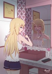 Rule 34 | 1girl, absurdres, akai haato, blonde hair, blood, blood on face, bloody knife, blue eyes, blush, broken mirror, brushing teeth, cameo, cellphone, commentary, dark persona, dated, different reflection, dual persona, haaton (akai haato), hair ornament, heart, heart hair ornament, highres, holding, holding knife, hololive, jisas, knife, long hair, looking at viewer, looking back, mirror, open mouth, phone, red eyes, reflection, sink, smartphone, stitched neck, stitches, toothbrush, twitter username, virtual youtuber