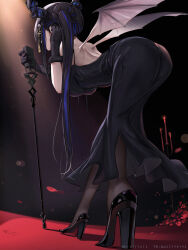 Rule 34 | 1girl, absurdres, ass, asymmetrical horns, back, bent over, black dress, black footwear, black gloves, black hair, black pantyhose, blue hair, breasts, colored inner hair, demon horns, demon wings, dress, fur-trimmed gloves, fur trim, gloves, high heels, highres, hololive, hololive english, horns, large breasts, long hair, multicolored hair, narrow waist, nerissa ravencroft, pantyhose, qiaogun damodao, red eyes, revision, solo, two-tone hair, uneven horns, vampire, virtual youtuber, wings