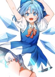 Rule 34 | 1girl, arms up, bare legs, bloomers, blue dress, blue eyes, blue hair, bow, bowtie, cirno, dress, hair bow, highres, ice, ice wings, looking at viewer, pinafore dress, red bow, red bowtie, sarukana, shirt, simple background, sleeveless, sleeveless dress, smile, solo, touhou, underwear, white background, white bloomers, white shirt, wings
