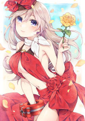 Rule 34 | 1girl, alisa ilinichina amiella, back bow, bare shoulders, blue background, blue eyes, blush, bow, breasts, center opening, closed mouth, collarbone, commentary, cowboy shot, dress, flower, god eater, hair between eyes, hand up, highres, holding, holding flower, io (1033k), long hair, looking at viewer, medium breasts, midriff, navel, o-ring, official alternate costume, petals, red dress, red flower, red ribbon, red rose, revealing clothes, ribbon, rose, scarf, sidelocks, silver hair, sleeveless, sleeveless dress, smile, solo, standing, tilted headwear, underboob, white scarf, yellow flower, yellow rose