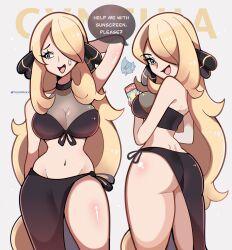 1girl alternate_breast_size alternate_costume ass blonde_hair breasts character_name cleavage creatures_(company) cynthia_(pokemon) english_text game_freak hair_ornament hair_over_one_eye highres long_hair lotion navel nintendo pokemon pokemon_dppt see-through_cleavage see-through_clothes solo speech_bubble sunscreen touyarokii twitter_username