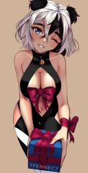 Rule 34 | 1girl, 7fennec7, absurdres, animal ears, bell, black dress, black hair, blue eyes, blush, box, breasts, brown background, curly hair, dress, gift, gift box, highres, large breasts, multicolored hair, one eye closed, original, ribbon, ribbon trim, sexually suggestive, smile, bad tag, two-tone hair, variant set, white hair