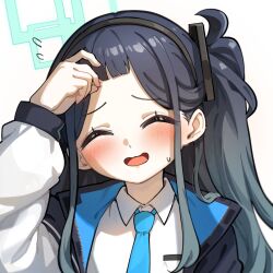Rule 34 | 1girl, 2ta2ta, absurdly long hair, aqua halo, aris (blue archive), black hair, black hairband, blue archive, blue necktie, blush, closed eyes, collared shirt, facing viewer, flying sweatdrops, green halo, hairband, halo, highres, jacket, long hair, long sleeves, necktie, one side up, open mouth, portrait, rectangular halo, shirt, simple background, solo, two-sided fabric, two-sided jacket, very long hair, white background, white jacket, white shirt