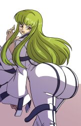 Rule 34 | 1girl, ass, ass focus, axel-rosered, bodysuit, c.c., code geass, expressionless, from behind, green hair, highres, huge ass, leaning, leaning forward, long hair, looking back, skin tight, solo, straitjacket, tongue, tongue out, very long hair, yellow eyes