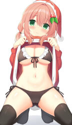 Rule 34 | 1girl, 3:, ahoge, bikini, black bikini, black thighhighs, blush, breasts, cleavage, closed mouth, clothes lift, commentary request, curvy, dress, dress lift, eyes visible through hair, front-tie bikini top, front-tie top, frown, gluteal fold, green eyes, hair between eyes, hair ornament, hat, head tilt, highres, iroha (utsumire), kneeling, knees out of frame, large breasts, leaf hair ornament, lifting own clothes, long sleeves, looking at viewer, low twintails, maid, maid bikini, medium hair, navel, no shoes, orange hair, original, santa costume, santa dress, santa hat, shiny skin, short twintails, shy, side-tie bikini bottom, simple background, solo, spread legs, stomach, swimsuit, thighhighs, thighs, tiptoes, twintails, unconventional maid, utsunomiya tsumire, white background