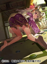 Rule 34 | 1girl, all fours, ass, commentary request, dutch angle, floral print, from behind, gaou (umaiyo puyoman), hair between eyes, hair ornament, indoors, japanese clothes, kimono, light brown hair, long hair, looking at viewer, obi, official art, original, purple kimono, sash, sliding doors, solo, tatami