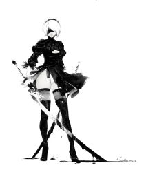 Rule 34 | 1girl, black dress, black footwear, black gloves, black hairband, black ribbon, black thighhighs, blindfold, blood, blood drip, bloody weapon, boots, breasts, cleavage, cleavage cutout, closed mouth, clothing cutout, covered eyes, dress, dual wielding, feather-trimmed sleeves, feather trim, full body, gloves, groin, hair over one eye, hairband, high heel boots, high heels, highleg, highleg leotard, highres, holding, holding sword, holding weapon, juliet sleeves, katana, legs apart, leotard, lips, long sleeves, looking at viewer, medium breasts, mole, mole under mouth, monochrome, nier:automata, nier (series), nose, pink lips, puffy sleeves, ribbed dress, ribbon, short dress, short hair, side slit, simple background, solo, spot color, standing, sulahax, sword, tassel, thigh boots, thighhighs, thighs, torn clothes, torn dress, vambraces, weapon, white background, white hair, white leotard, 2b (nier:automata)
