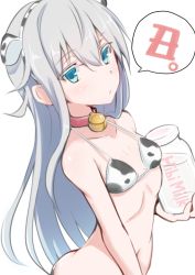 Rule 34 | 1girl, alternate costume, animal ears, animal print, bikini, blue eyes, blush, bottle, breasts, collar, colored eyelashes, cow ears, cow print, fake animal ears, hair between eyes, hibiki (kancolle), highres, holding, holding bottle, kantai collection, long hair, micro bikini, milk bottle, myht, new year, red collar, silver hair, simple background, small breasts, solo, swimsuit, white background