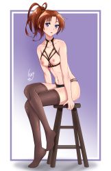 Rule 34 | 1girl, :o, absurdres, artist name, bare shoulders, bespectacled, black panties, black thighhighs, breasts, brown hair, cleavage, collarbone, glasses, gradient background, harness, hibike! euphonium, highres, kaije7, long hair, looking at viewer, nakagawa natsuki, navel, nipples, panties, parted lips, ponytail, purple background, purple eyes, signature, sitting, small breasts, solo, stool, thighhighs, thighs, underwear, underwear only