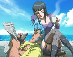 Rule 34 | 1boy, 1girl, barrel, black hair, blue hair, blue sky, breasts, cloud, coffee, cup, cyborg, eyewear on head, fishnets, franky (one piece), large breasts, newspaper, nico robin, nico robin (thriller bark), ocean, one piece, open clothes, open shirt, outdoors, pirate, shirt, sitting, sky, sunglasses, thighhighs, thousand sunny, thriller bark