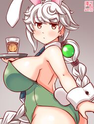 Rule 34 | 1girl, alternate costume, animal ears, artist logo, ass, asymmetrical hair, blue necktie, braid, breasts, brown eyes, dated, detached collar, drink, glass, gradient background, green leotard, grey background, ice, ice cube, jitome, kanon (kurogane knights), kantai collection, large breasts, leotard, long hair, looking at viewer, necktie, one-hour drawing challenge, playboy bunny, rabbit ears, rabbit tail, single braid, solo, tail, tray, unryuu (kancolle), very long hair, white hair, wrist cuffs