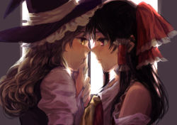 Rule 34 | 2girls, blonde hair, bow, brown hair, couple, detached sleeves, eye contact, face-to-face, female focus, forehead-to-forehead, hair bow, hakurei reimu, hand on another&#039;s chin, hat, heads together, japanese clothes, kayako (tdxxxk), kirisame marisa, looking at another, miko, multiple girls, profile, red eyes, short hair, touhou, upper body, witch, witch hat, yellow eyes, yuri