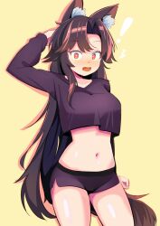 Rule 34 | !, 1girl, ^^^, alternate costume, animal ears, black shirt, blush, brown hair, collarbone, cowboy shot, embarrassed, fang, harakune (mugennero), imaizumi kagerou, long hair, long sleeves, navel, open mouth, red eyes, shirt, simple background, solo, tail, touhou, wolf ears, wolf tail, yellow background