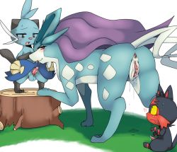 Rule 34 | !, !!, 1girl, 2boys, animal ears, anus, ass, black eyes, blush, cat ears, cat tail, colored sclera, constricted pupils, creatures (company), dewott, drooling, erection, from behind, furry, game freak, gen 2 pokemon, gen 5 pokemon, gen 7 pokemon, half-closed eyes, horns, legendary pokemon, litten, long hair, looking back, looking up, multiple boys, multiple tails, nintendo, open mouth, outdoors, penis, pokemon, pokemon (creature), precum, purple hair, pussy, pussy juice, red eyes, ruishin, saliva, single horn, sitting, smile, standing, suicune, sweat, tail, testicles, tongue, tongue out, tree stump, two tails, uncensored, whiskers, white background, yellow sclera