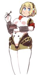 Rule 34 | 1girl, aegis (persona), android, armor, bad google+ id, bad id, blonde hair, blue eyes, blush, blush stickers, bodysuit, bow, bowtie, cake, eating, food, fork, full body, headphones, inkerton-kun, joints, mechanical arms, mechanical parts, persona, persona 3, red bow, red bowtie, robot joints, s.e.e.s, silverware, simple background, single mechanical arm, solo, white background