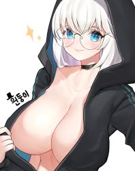 Rule 34 | + +, 1girl, absurdres, annyeongbangawo, black choker, black hoodie, blue eyes, blush, breasts, choker, cleavage, closed mouth, collarbone, eyelashes, hand up, highres, hood, hooded jacket, hoodie, hoodie pull, jacket, korean text, large breasts, long hair, looking at viewer, naked hoodie, no bra, open clothes, open hoodie, original, pulled by self, reaching, reaching towards viewer, rimless eyewear, round eyewear, selfie, simple background, smile, solo, sparkle, standing, translation request, upper body, white background, white hair