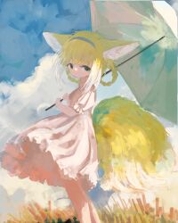 Rule 34 | 1girl, alternate costume, animal ear fluff, animal ears, arknights, blonde hair, blue hairband, closed mouth, codemoretech, commentary request, feet out of frame, fox ears, fox girl, fox tail, from side, green eyes, hairband, highres, holding, holding umbrella, kitsune, kyuubi, looking at viewer, multicolored hair, multiple tails, pink hair, puffy short sleeves, puffy sleeves, short hair, short sleeves, solo, suzuran (arknights), tail, two-tone hair, umbrella, white hair, white umbrella