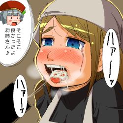Rule 34 | 2girls, bad id, bad pixiv id, bandana, blue eyes, blush, brown hair, censored, character request, cum, cum in mouth, cum on tongue, freckles, gokkun, multiple girls, open mouth, original, sokushi, soxy, tears, tongue, translation request