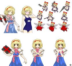Rule 34 | 1girl, alice margatroid, alphes (style), alternate costume, blonde hair, blue eyes, blush, book, bow, breasts, capelet, closed eyes, dress, female focus, hair ornament, hairband, hand in own hair, hands on own chest, highres, holding, hourai doll, kaoru (gensou yuugen-an), lance, long hair, long sleeves, looking at viewer, name tag, one-piece swimsuit, parody, polearm, ribbon, school swimsuit, shanghai doll, short hair, simple background, smile, style parody, swimsuit, sword, touhou, weapon, white background, wings, yellow eyes