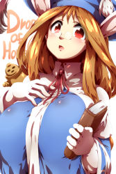 Rule 34 | 1girl, animal ears, book, breasts, breath of fire, breath of fire iii, brown hair, rabbit ears, glasses, hat, highres, honey (breath of fire), huge breasts, long hair, momo (breath of fire), open mouth, pince-nez, red eyes, solo, tokyo (great akuta), unaligned breasts