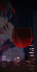 Rule 34 | 1girl, akai ronii, alcohol, black hair, black sailor collar, blood, blood splatter, blue eyes, cup, drinking glass, empty eyes, hand up, indoors, long sleeves, night, night sky, original, parted lips, red neckwear, reflection, sailor collar, shirt, sky, solo, white shirt, window, wine, wine glass
