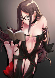 Rule 34 | 1girl, arm support, barefoot, black-framed eyewear, black dress, black gloves, book, breasts, breasts apart, brown eyes, brown hair, choker, cleavage, collarbone, dress, earrings, fate/grand order, fate (series), frown, glasses, gloves, grey background, highres, holding, jewelry, long hair, medium breasts, navel, open book, revealing clothes, sitting, sleeveless, sleeveless dress, soles, solo, strapless, strapless dress, very long hair, yu mei-ren (fate), zaregoto tsukai no deshi