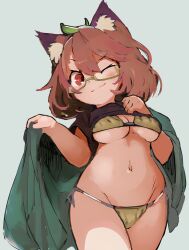 Rule 34 | 1girl, ;), animal ears, bikini, bikini under clothes, breasts, brown eyes, brown hair, cape, clothes lift, commentary request, futatsuiwa mamizou, glasses, hand on own chest, hands up, highres, leaf, leaf on head, looking at viewer, medium breasts, medium hair, navel, one eye closed, raccoon ears, raised eyebrow, shirt lift, shortstack, simple background, smile, solo, swimsuit, touhou, underboob, v-shaped eyebrows, white background, yoshiyuki (14330975)