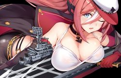 Rule 34 | 1girl, anchor necklace, aqua eyes, azur lane, bare shoulders, bcat, black background, black neckwear, black pants, blush, breast press, breasts, cannon, cleavage, close-up, cropped, elbow gloves, flight deck, gloves, hair between eyes, hat, jacket, large breasts, long hair, necklace, one eye closed, open mouth, pants, ranger (azur lane), red gloves, red hair, ship, solo, watercraft