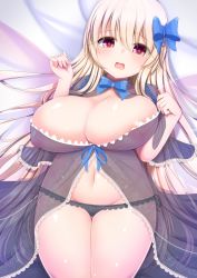 Rule 34 | 1girl, areola slip, babydoll, bad id, bad pixiv id, belly, black panties, blonde hair, blush, bow, breasts, cleavage, curvy, hair bow, hair ribbon, highres, hip focus, huge breasts, lily white, long hair, looking at viewer, lying, navel, on back, open mouth, panties, red eyes, ribbon, see-through, shiro oolong-cha, smile, solo, star-shaped pupils, star (symbol), symbol-shaped pupils, thick thighs, thighs, touhou, underwear, wide hips