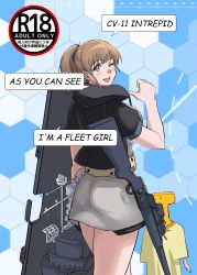 Rule 34 | 1boy, 1girl, absurdres, ass, bad id, bad twitter id, black shirt, blue eyes, bolt action, breasts, character name, commentary request, flight deck, from behind, grey skirt, highres, honeycomb (pattern), honeycomb background, intrepid (kancolle), kantai collection, large breasts, light brown hair, looking at viewer, looking back, m1903 springfield, machinery, neck pillow, pointing, pointing at self, ponytail, rifle, rigging, shirt, short hair, skirt, sozan, t-head admiral