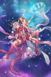 Rule 34 | 2girls, blue eyes, character request, constellation, flower, full body, hair flower, hair ornament, holding hands, inishie no megami to houseki no ite, multiple girls, night, night sky, official art, open mouth, petite, pink footwear, pink legwear, pointing, shoes, silver hair, sky, terai (teraimorimori), thighhighs